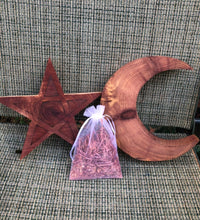 Load image into Gallery viewer, 8” Red Cedar Crescent Moon and Star Wall Hanging Wall Art Altar