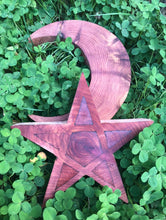 Load image into Gallery viewer, 8” Red Cedar Crescent Moon and Star Wall Hanging Wall Art Altar