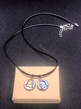 Load image into Gallery viewer, Nintendo Inspired Bubble Bobble 8-bit retro Necklace On Waxed Black Adjustable Cord Blue and Green Character Charms