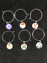 Load image into Gallery viewer, Friends Inspired Silver Wine Charm Set of 6 With Storage Bag Chandler Monica Phoebe Joey Rachel