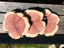 Load image into Gallery viewer, 3 Gorgeous 9” SANDED red cedar slices cookies slabsrounds centerpiece live edge—free gift with purchase! Wedding, crafts, Rustic