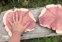 Load image into Gallery viewer, 10” (2) setmirrored SANDED red cedar rustic slice cookie slab round centerpiece live edge—free gift with purchase! Wedding, crafts and more!