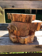 Load image into Gallery viewer, 4 Gorgeous 7”-8” SANDED red cedar slices cookies slabsrounds centerpiece live edge—free gift with purchase! Wedding, crafts, Rustic