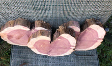 Load image into Gallery viewer, 3 Gorgeous 9” SANDED heart red cedar slices cookies slabsrounds centerpiece live edge—free gift with purchase! Wedding, crafts, Rustic