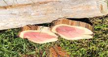 Load image into Gallery viewer, 2 Gorgeous 8x9” SANDED red cedar rustic slices cookies slabs rounds centerpiece live edge—free gift with purchase! Wedding, crafts and more!