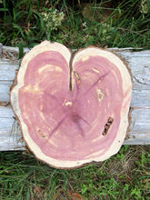 Load image into Gallery viewer, 10x11” SANDED red cedar heart Rustic slice/cookie/slab/round centerpiece live edge—free gift with purchase! Wedding, crafts and more!