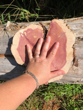Load image into Gallery viewer, 10”x9.5” SANDED red cedar heart Rustic slice/cookie/slab/round centerpiece live edge—free gift with purchase! Wedding, crafts and more!