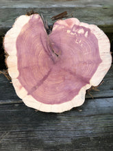 Load image into Gallery viewer, 9” SANDED red cedar Heart rustic slice cookie slab round centerpiece live edge—free gift with purchase! Wedding, crafts and more!