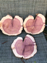 Load image into Gallery viewer, 3 Gorgeous 9” SANDED heart red cedar slices cookies slabsrounds centerpiece live edge—free gift with purchase! Wedding, crafts, Rustic