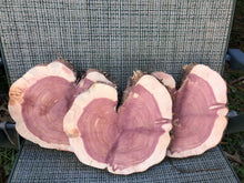 Load image into Gallery viewer, 3 Gorgeous 9” SANDED heart red cedar slices cookies slabsrounds centerpiece live edge—free gift with purchase! Wedding, crafts, Rustic