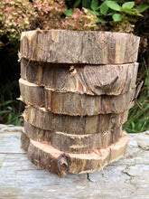 Load image into Gallery viewer, 6 Gorgeous 7” SANDED red cedar rustic slices cookies slabs rounds centerpiece live edge—free gift with purchase! Wedding, crafts and more!