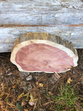 Load image into Gallery viewer, 17” SANDED red cedar rustic slice cookie slab round table top live edge—free gift with purchase! Wedding, crafts and more!