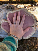 Load image into Gallery viewer, 10” SANDED red cedar Rustic slice/cookie/slab/round centerpiece live edge—free gift with purchase! Wedding, crafts and more!