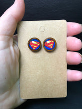 Load image into Gallery viewer, DC Inspired 12mm Superman Wooden Stud earrings
