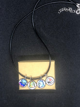 Load image into Gallery viewer, Nintendo Inspired Bubble Bobble 8-bit Retro Charm Necklace On Waxed Black Adjustable Cord Blue, Green, and bad guy Character Charms