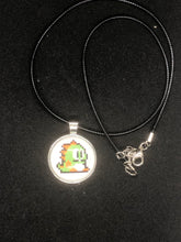 Load image into Gallery viewer, Nintendo Inspired Bubble Bobble 8-bit retro Necklace On Waxed Black Adjustable Cord Blue or Green Character Charms
