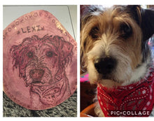 Load image into Gallery viewer, Handmade Custom Wood Burned Pet Portrait on 8&quot; Red Cedar Wood Cookie Pyrography
