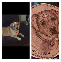 Load image into Gallery viewer, Handmade Custom Wood Burned Pet Portrait on 8&quot; Red Cedar Wood Cookie Pyrography
