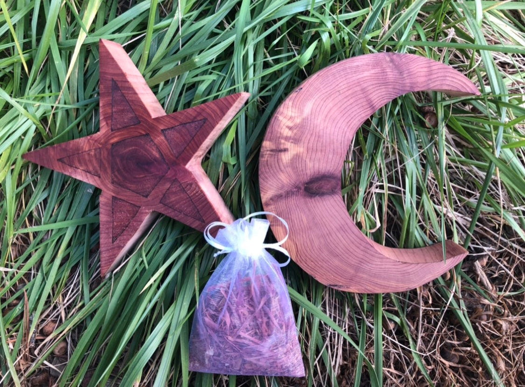 8” Red Cedar Crescent Moon and Star Wall Hanging Wall Art Altar