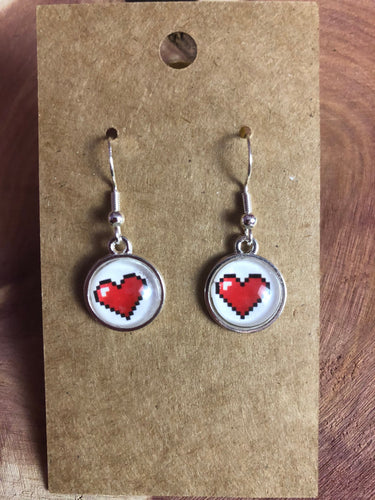 Nintendo Zelda Inspired Classic Retro 8bit heart Earrings Silver Hooks