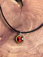 Load image into Gallery viewer, Marvel Inspired Black Widow Necklace On Waxed Black Cord
