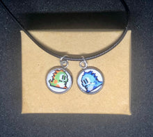 Load image into Gallery viewer, Nintendo Inspired Bubble Bobble 8-bit retro Necklace On Waxed Black Adjustable Cord Blue and Green Character Charms
