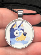 Load image into Gallery viewer, Large Bluey Inspired inspired glass cabochon Necklace and Pendant on Waxed Cord
