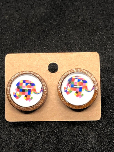 Elmer Inspired Wooden Colorful Patchwork Elephant Stud Earring Teacher Gift Librarian Gift