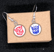 Load image into Gallery viewer, Transformers Inspired 80’s Retro Cartoon Dangle Earrings Decepticon and Autobot
