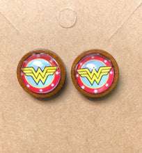 Load image into Gallery viewer, DC Inspired 12mm Wonder Woman Wooden Stud earrings
