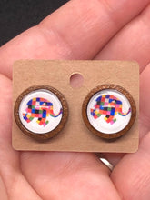 Load image into Gallery viewer, Elmer Inspired Wooden Colorful Patchwork Elephant Stud Earring Teacher Gift Librarian Gift
