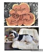 Load image into Gallery viewer, Handmade Custom Wood Burned Pet Portrait on 8&quot; Red Cedar Wood Cookie Pyrography
