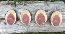 Load image into Gallery viewer, 4 Gorgeous 4.5x3 oblong red cedar rusticslices/cookies/slabs/rounds centerpiece live edge—free gift with purchase! Wedding, crafts and more!
