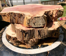 Load image into Gallery viewer, 3 Gorgeous 6”-7” SANDED red cedar slices cookies slabsrounds centerpiece live edge—free gift with purchase! Wedding, crafts, Rustic
