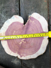 Load image into Gallery viewer, 3 Gorgeous 9” SANDED heart red cedar slices cookies slabsrounds centerpiece live edge—free gift with purchase! Wedding, crafts, Rustic
