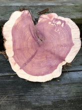 Load image into Gallery viewer, 9” SANDED red cedar Heart  rustic slice cookie slab round centerpiece live edge—free gift with purchase! Wedding, crafts and more!
