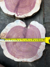 Load image into Gallery viewer, 3 Gorgeous 9” SANDED heart red cedar slices cookies slabsrounds centerpiece live edge—free gift with purchase! Wedding, crafts, Rustic
