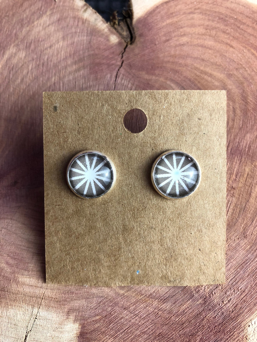 Radial Sunburst Grey and White Stainless Steel 12mm Stud Earrings