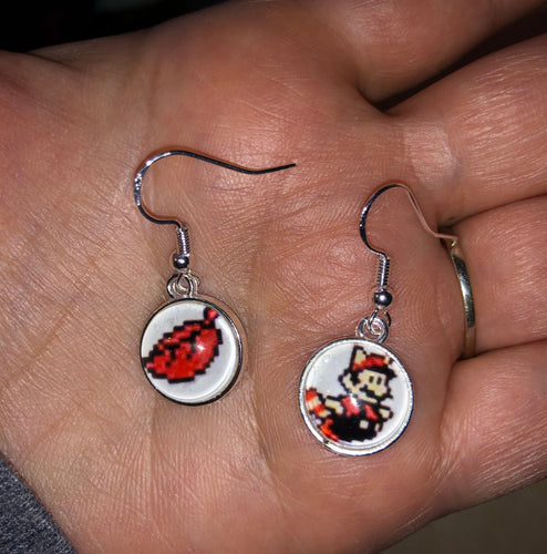 Nintendo Inspired Mismarched Racoon and Leaf Mario Earrings With Silver Hooks