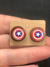 Load image into Gallery viewer, Marvel Inspired 12mm Captain America Wooden Stud earrings
