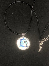 Load image into Gallery viewer, Nintendo Inspired Bubble Bobble 8-bit retro Necklace On Waxed Black Adjustable Cord Blue or Green Character Charms
